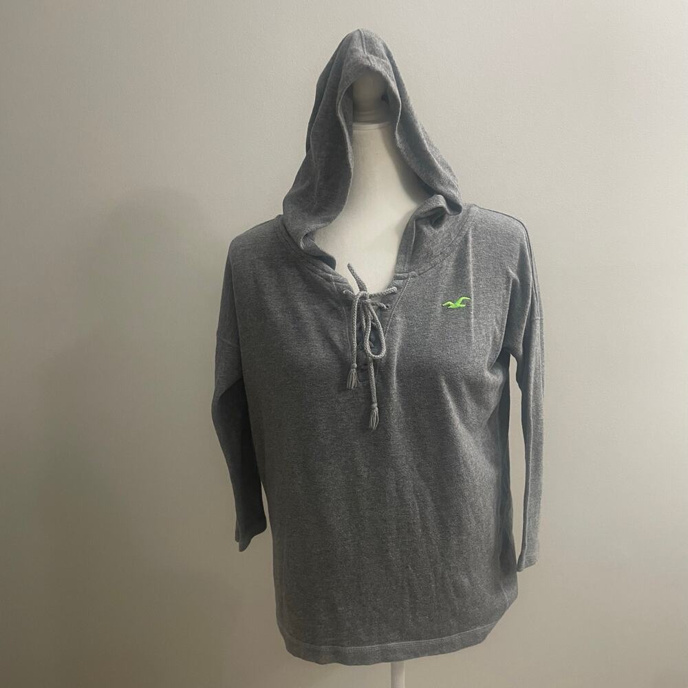 Hollister Y2K Gray Green embroidered Logo Lace-Up Hoodie Sz X-Small 3/4 Sleeves